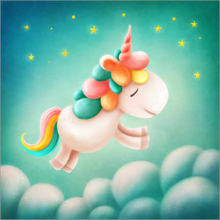 Poster Unicorn jumps above clouds