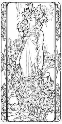 Acrylic print  The Flowers - Lily, black and white - Alfons Mucha
