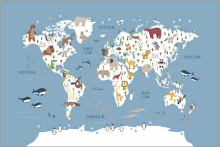 Canvas print  World map with animals (blue) - Marta Munte