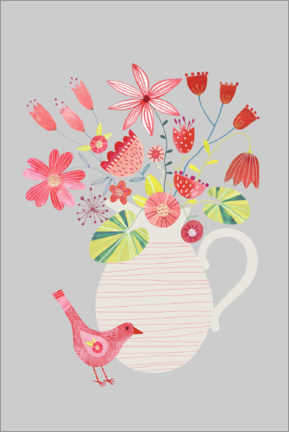 Poster Bird with a Jug of Flowers