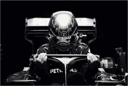 Aluminium print  Lewis Hamilton settles into his seat, 2021 Bahrain Grand Prix, black and white