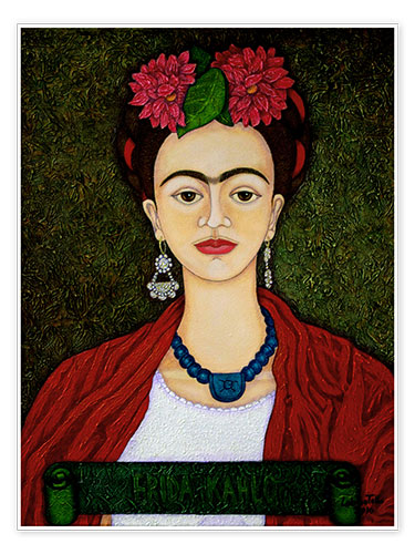 Poster Frida Kahlo portrait with dahlias