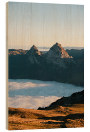 Wood print  Grosser and Kleiner Mythen mountain peak above cloudscape at sunrise - Peter Wey