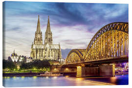 Canvas print  Lighted Cathedral with Rhine and Bridge, Cologne