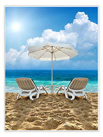Poster Beach chair and white umbrella on sand beach